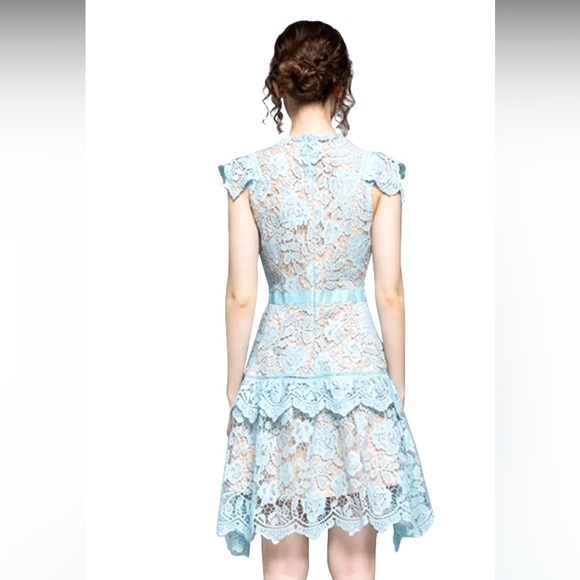 #152 Elegant Butterfly Sleeve Crochet Lace Casual O-neck High Waist Dress - Picture 3 of 16